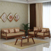 Minimal Solid Sheesham Wood 5 Seater Sofa Set With Coffee Table (3+1+1, Natural Finish)